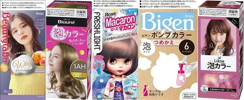 泡タイプの市販カラー剤パッケージ例